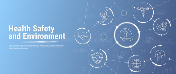 Health Safety and Environment Icon Set and Web Header Banner. HSE - Health, safety environment abbreviation banner web icon for business and organization. Standard safe industrial work and industrial.