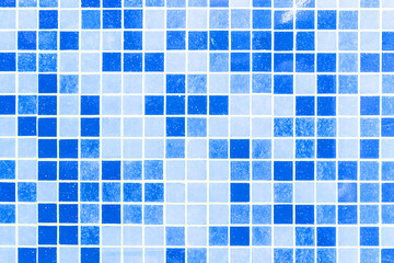 Aqua Blue Ceramic Tile Mosaic Abstract Pattern Square Design Bath or Pool Texture Background, Soft Focus