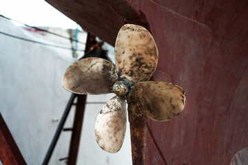 Old ship's brass propellers with four blades, repair shop near the pier.