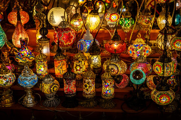 The set of traditional vintage Turkish lamps. Arabic lanterns background.