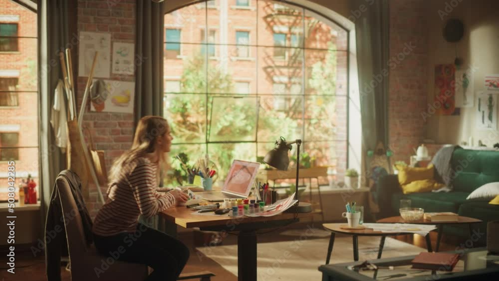 Poster teenage female designer going through her office, sits down and starts working on the project. woman