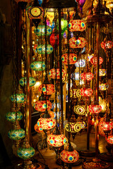 Fototapeta na wymiar The set of traditional vintage Turkish lamps. Arabic lanterns background.