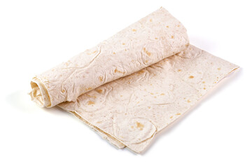 Wheat flour tortilla, isolated on white background.
