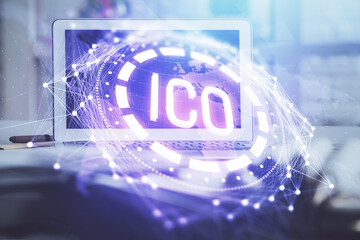 Multi exposure of blockchain and crypto economy theme hologram and table with computer background. Concept of bitcoin cryptocurrency.