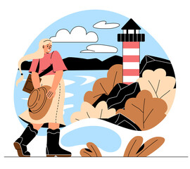 Resting in nature on adventure. Young girl goes to lighthouse, active lifestyle, hike. Autumn season and tourist travel or trip. Rest on sea or river, weekend. Cartoon flat vector illustration