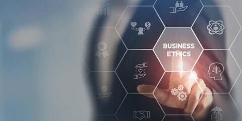 Business ethics concept. Ethical investment, sustianable development. Business integrity and moral. Businessman touching on BUSSINESS ETHICS wording on smart screening surrounded by ethical elements. - obrazy, fototapety, plakaty