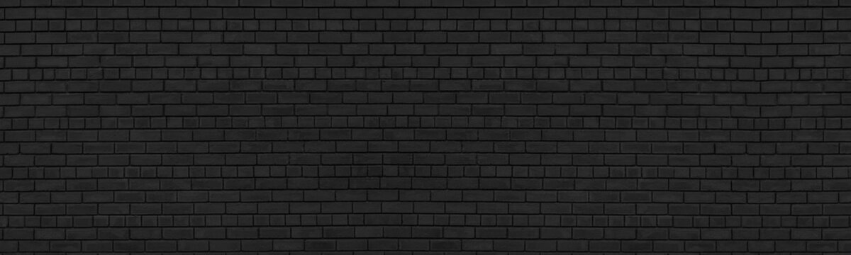 Fototapeta Old black shabby brick wall wide texture. Dark masonry panorama. Brickwork panoramic grunge background