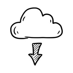 Doodle data server cloud. Hand drawn sketch style cloud, arrow for internet database, digital storage, download technology concept. Vector illustration.