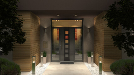 3D rendering einer modernen Haustür in einem zeitgenössischen Einfamilienhaus am Abend mit Beleuchtung