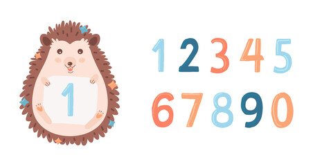 Illustration of a cute little hedgehog boy with numbers from zero to nine. © subkontr