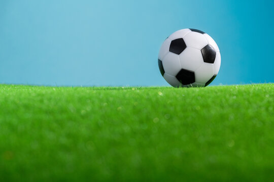 Classic football ball on a green grass.
