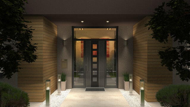 3D rendering einer modernen Haustür in einem zeitgenössischen Einfamilienhaus am Abend mit Beleuchtung