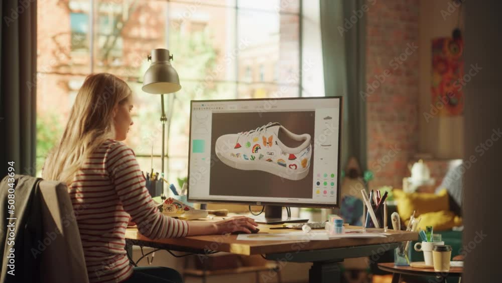 Poster Skillful Graphic Designer Using Desktop Computer while Modelling Unique 3D Shoe in CAD Software Program. Woman Designing at her Home. Creative Mess at the Table