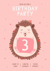 Cute hedgehog girl with the number 3. An invitation to a children's birthday party. 3 year birthday illustration.