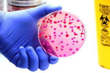 Microbiological culture with colonies of red or pink bacteria and yeasts