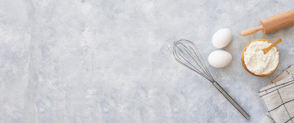 Baking or cooking background. Ingredients, kitchen items for baking. Top view, copy space.