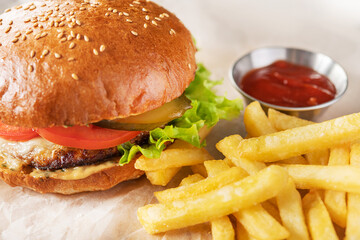 Fastfood with burger and french fries, ketchup.