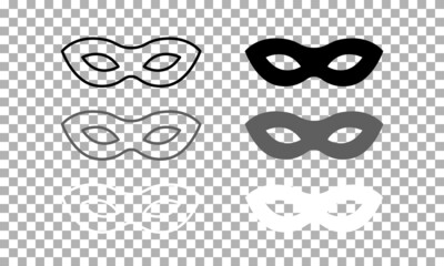 Carnival mask vector black line icons set. Mask illustration isolated sign symbol on transparent. Flat image for: infographic, logo, mobile, app, banner, web design, dev, ui, ux, gui. Vector EPS 10