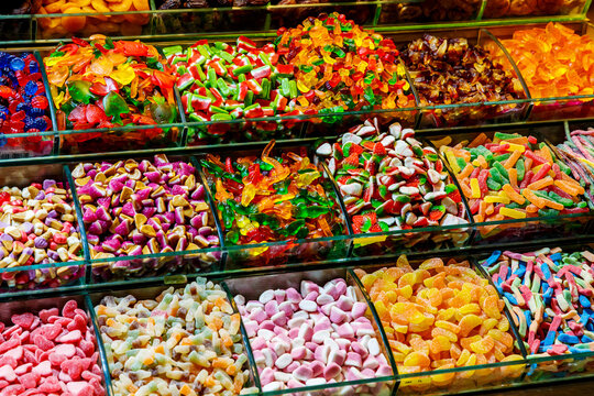 Close-up of colorful sweets and jellies at a market stall.Various gelatin.