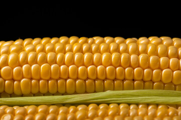 Fresh corn cobs on a black background
