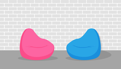 Blue and pink beanbag in white interior. Pouf soft furniture near the brick wall. Vector illustration isolated on white background.