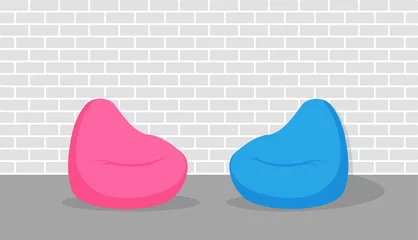 Türaufkleber Blue and pink beanbag in white interior. Pouf soft furniture near the brick wall. Vector illustration isolated on white background. © Yuliia