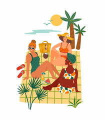 Vector illustration of women in swimsuit on tropical beach. Summer holliday, vacation, travel. Design element