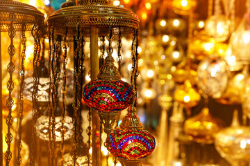The set of traditional vintage Turkish lamps. Arabic lanterns background.