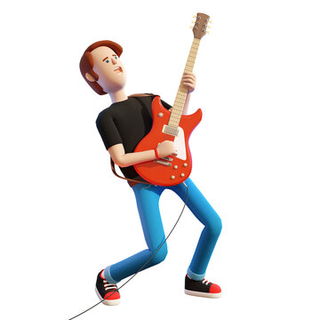 3d guitarist with electric guitar. Cartoon rock musician plays guitar solo. 3d illustration. 3d render.