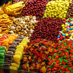 Close-up of colorful sweets and jellies at a market stall.Various gelatin.