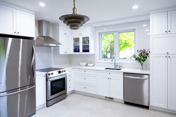 Selective focus view of large modern kitchen with white cabinets, counter and backsplash, as well as stainless steel appliances