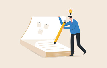 Take a note or diary.  New ideas or new creativity . Draft a new project. or business plan. Record the meeting..A businessman or a company employee uses a pencil to take notes as if having a new idea. © yellow_man