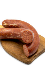 Sausage on a white background. Close-up spicy Turkish sausage