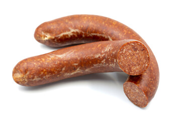Sausage on a white background. Close-up spicy Turkish sausage