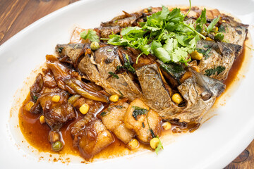 Special Chinese food home-style braised mackerel and ingredients