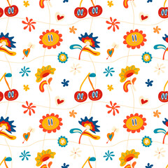 Psychedelic seamless patterns in retro 70s style, groovy hippie backgrounds. Teen cartoon funky print with abstract bright colors, stars, sun, crazy cherries