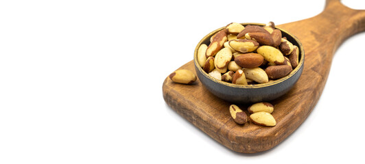 Brazil walnut on white background. Close-up brazil walnut kernel. Copy space. Space for text