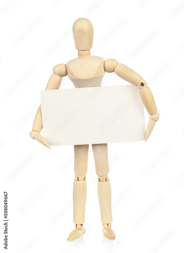 Wall mural Wooden Manikin holds blank business card on white background - Wall murals