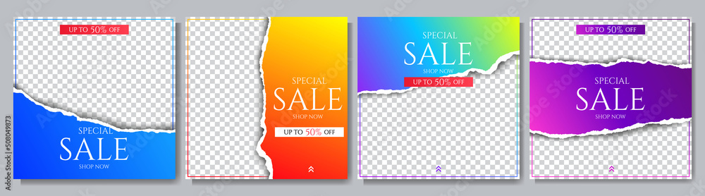 Poster vector illustration. torn paper effect. color gradient color banner collection. design element for s