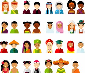 Avatar vector illustration of multicultural national children, people. 
Set of cartoon face international in traditional costumes .