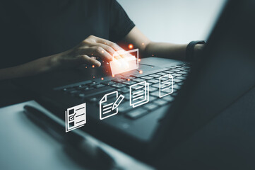 Officer using laptop manage files, Document Management System (DMS), Online document database...
