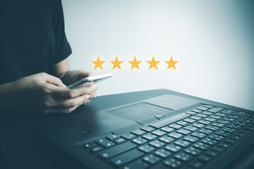 Satisfied customer experience concept, happy business customer using smartphone, the best review,...