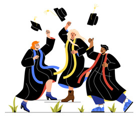 Student life concept. Guys and girl throw their hats up. Young professionals at graduation, characters have successfully completed their studies, modern education. Cartoon flat vector illustration