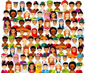Avatar vector illustration of multicultural national children, people. 
Set of cartoon face international in traditional costumes .