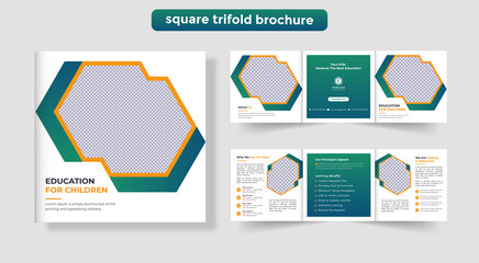 Kids admission square trifold creative shape brochure design template. 