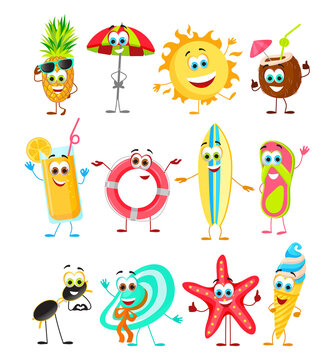 Set of Funny Summer Fruits and Summer Things with eyes - Collection. Cartoon funny characters, flat vector illustration