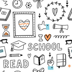 Back to school seamless pattern. Vector background with school doodles