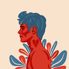 Fototapeta na wymiar Young male face in profile. Portrait of young modern man in red and blue colors and heart tattoo on the neck. Vector illustration with floral arrangement