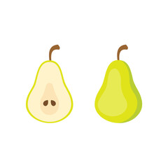 Pear fresh fruit isolated on white background. Green whole and half pears. Vector stock