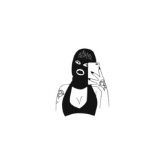 Woman wearing ski mask. Mirror selfie. Tattoo. Line art. Vector